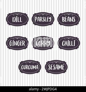 Food storage labels. Kitchen food tags collection for kitchen containers or jars. Curry, ginger, curcuma, dill, chilli. Vector illustration Stock Vector