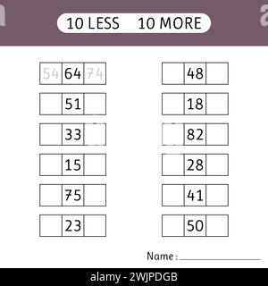 10 less, 10 more. Fill in the missing numbers. Mathematics. Worksheets for kids. Working pages for children. Vector illustration Stock Vector