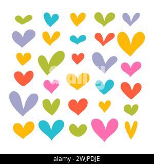 Collection of funny hand drawn hearts. Cute cartoon bright colored set of heart icons. Vector illustration Stock Vector