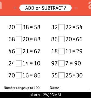 Add or subtract. Number range up to 100. Mathematical exercises. Worksheet for kids. Addition and subtraction. Vector illustration Stock Vector