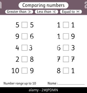 Comparing numbers. Less than, greater than, equal to. Number range up to 10. Worksheets for kids. Preschool, elementary school Stock Vector