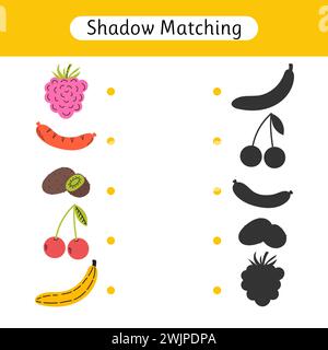 Shadow matching game for kids. Find the correct shadow. Kids activity for young age. Worksheets with food. Vector illustration Stock Vector