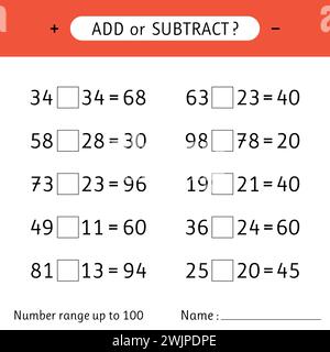 Add or subtract. Number range up to 100. Mathematical exercises. Addition and subtraction. Worksheet for kids. Vector illustration Stock Vector