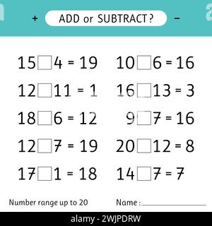 Add or subtract. Number range up to 20. Addition and subtraction. Mathematical exercises. Worksheet for kids. Vector illustration Stock Vector