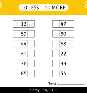10 less, 10 more. Fill in the missing numbers. Worksheets for kids. Mathematics. Working pages for children. Vector illustration Stock Vector