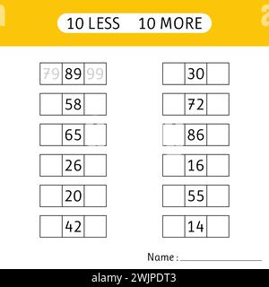 10 less, 10 more. Fill in the missing numbers.  Mathematical exercises. Mathematics. Worksheets for kids. Vector illustration Stock Vector
