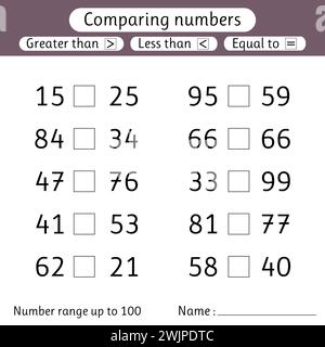 Comparing numbers. Less than, greater than, equal to. Number range up to 100. Worksheets for kids. Elementary school. Vector illustration Stock Vector