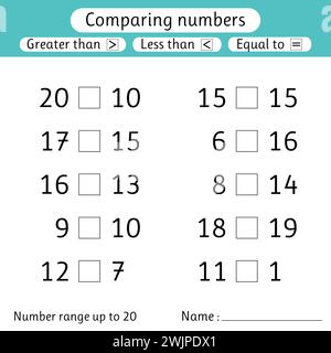 Comparing numbers. Less than, greater than, equal to. Number range up to 20. Preschool, elementary school. Worksheets for kids. Vector illustration Stock Vector