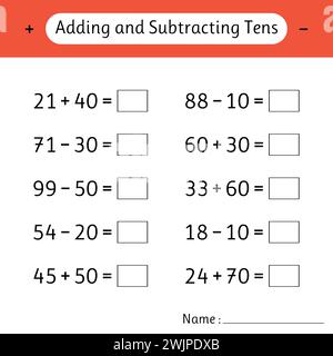 Adding and Subtracting Tens. Math worksheets for kids. Mathematics. Development of logical thinking. School education. Vector illustration Stock Vector