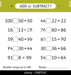 Add or subtract. Number range up to 100. Mathematical exercises. Addition and subtraction. Worksheets for kids. Vector illustration Stock Vector