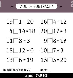 Add or subtract. Number range up to 20. Addition and subtraction. Worksheets for kids. Mathematical exercises. Vector illustration Stock Vector