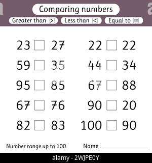 Comparing numbers. Less than, greater than, equal to. Number range up to 100. Worksheets for kids. Preschool, elementary school. Vector illustration Stock Vector