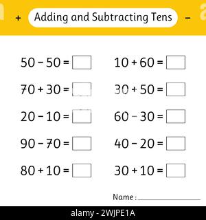 Adding and Subtracting Tens. School education. Math worksheets for kids. Development of logical thinking. Mathematics. Vector illustration Stock Vector