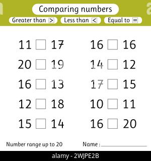 Comparing numbers. Less than, greater than, equal to. Worksheet for kids. Number range up to 20. Preschool, elementary school. Vector illustration Stock Vector