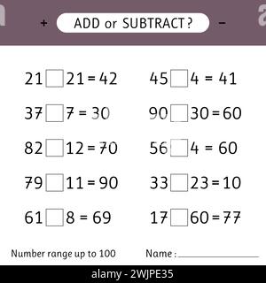Add or subtract. Number range up to 100. Addition and subtraction. Worksheet for kids. Mathematical exercises. Vector illustration Stock Vector