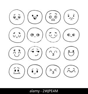 Hand drawn funny smiley faces. Sketched facial expressions set. Kawaii style. Collection of cartoon emotional characters. Emoji icons. Vector illustra Stock Vector