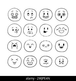 Hand drawn funny smiley faces. Emoji icons. Sketched facial expressions set. Kawaii style. Collection of cartoon emotional characters. Vector illustra Stock Vector