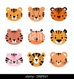 Adorable tigers. Set of cute cartoon animals portraits. Fits for designing baby clothes. Hand drawn smiling characters. Happy animal. Vector illustrat Stock Vector