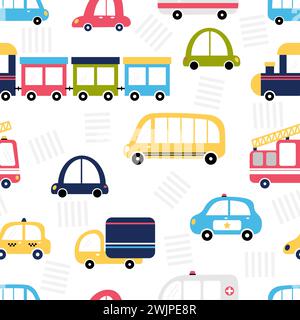 Funny seamless pattern with city transport. Cute cartoon background for kids. Nursery style. Vector illustration Stock Vector