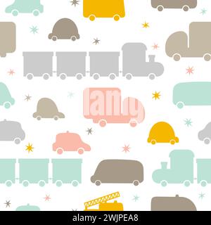 Cute seamless pattern with transport. Hand drawn cars. Cartoon background for children. Nursery style for kids. Vector illustration Stock Vector