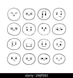 Hand drawn funny smiley faces. Sketched facial expressions set. Collection of cartoon emotional characters. Emoji icons. Kawaii style. Vector illustra Stock Vector
