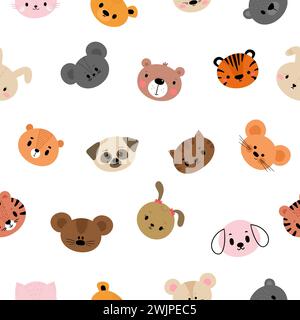Childish seamless pattern with cute smiley animal faces. Creative baby texture for fabric, nursery, textile, clothes. Sweet flat design. Vector illust Stock Vector
