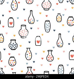 Hand drawn seamless pattern with vases and hearts. Scandinavian design. Sketch style. Bottles, pots. Vector illustration Stock Vector