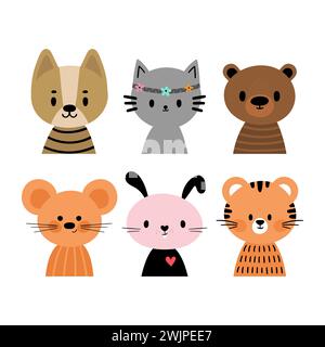 Cute cartoon animals for postcards, invitation, nursery, posters, t-shirt. Hand drawn characters of tiger, cat, dog, rabbit, bear and mouse Stock Vector