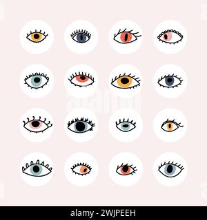 Set of hand drawn colorful eyes. Evil eye, magic, witchcraft, talismans. Tattoo. Flat design. Vector illustration Stock Vector