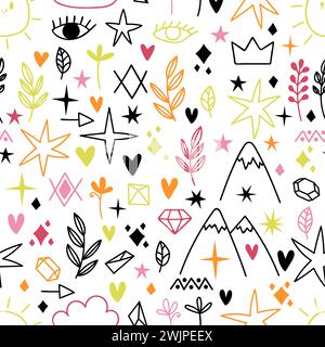 Cute seamless pattern with sketch design elements. Tattoo samples. Scandinavian style. Hand drawn doodles. Vector illustration Stock Vector