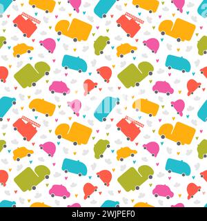 Cute seamless pattern with cars. Cartoon background for children. Hand drawn transport. Nursery style for kids. Vector illustration Stock Vector