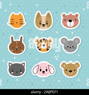 Set of cartoon stickers with animals for kids. Sweet smiley faces. Cute hand drawn characters on blue background. Vector illustration Stock Vector
