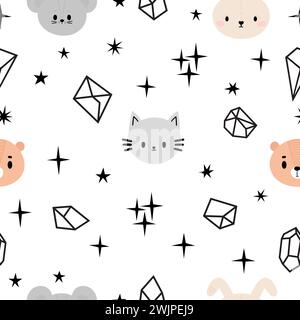 Scandinavian seamless pattern with cute animals. Creative baby texture for nursery, fabric, textile, clothes. White background. Vector illustration Stock Vector