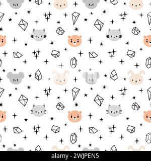 Scandinavian seamless pattern with cute animals. White background. Creative baby texture for nursery, fabric, textile, clothes. Vector illustration Stock Vector