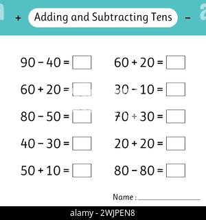 Adding and Subtracting Tens. School education. Mathematics. Development of logical thinking. Math worksheets for kids. Vector illustration Stock Vector