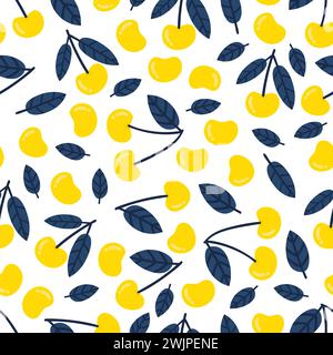 Cute seamless pattern with yellow cherry. Sweet ripe juicy cherries isolated on white background. Organic berries. Textile, wrapping, nursery wallpape Stock Vector