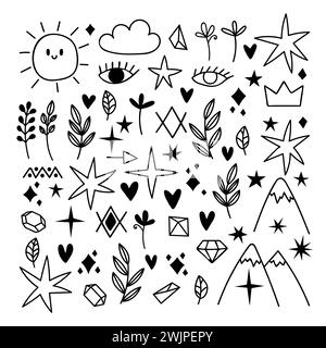 Big set of hand drawn design elements. Doodle style. Sketch of star, heart, mountain, leaf. Black tattoo. Vector illustration Stock Vector