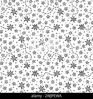 Hand drawn seamless pattern with stars and sparkles. Space. Constellations. Design for textile, fabric, wrapping, wallpaper. Scandinavian doodle style Stock Vector