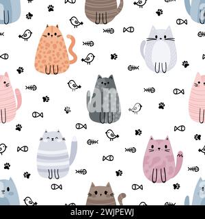 Seamless pattern with cute cats and kittens. Doodle characters. Design for printing. Vector illustration Stock Vector