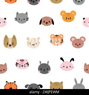 Seamless childish pattern with cute smiley animal faces. Creative baby texture for fabric, nursery, textile, clothes. Flat design. Vector illustration Stock Vector