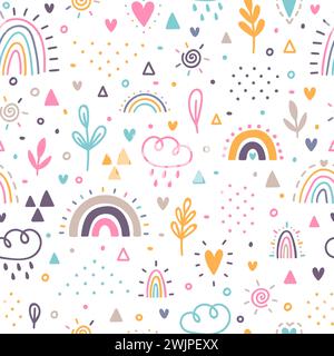 Hand drawn seamless pattern. Childish background with rainbows. Nursery design for kids. Trendy texture for fabric, textile, wrapping paper, cloth. Ve Stock Vector