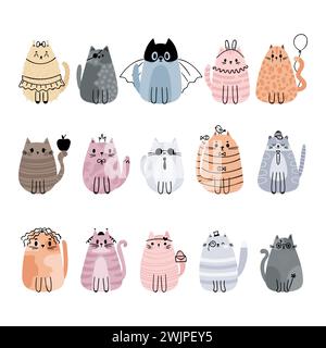Set of cute stylized cartoon cats. Funny animals. Adorable heroes and characters. Vector illustration Stock Vector