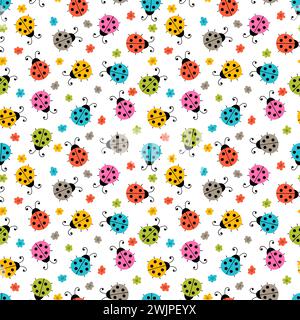 Hand drawn seamless pattern with cute ladybugs and flowers. Simple graphic design. Lovely background. Scandinavian style. Vector illustration Stock Vector