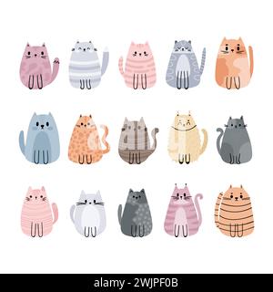 Collection of cute stylized cartoon cats. Funny animals. Adorable characters. Vector illustration Stock Vector