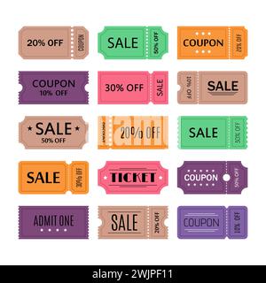 Set of tickets and coupons templates. Concert, cinema, theater cards. Sale, discount, coupons with ruffle edges. Vector illustration Stock Vector