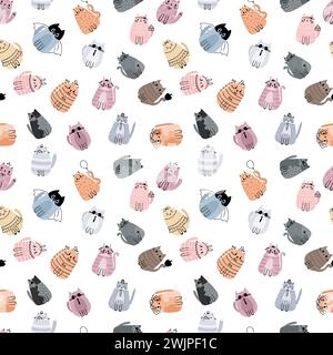 Cute seamless pattern with stylized cartoon cats. Adorable doodle characters. Design for cloth, textile, paper. Vector illustration Stock Vector