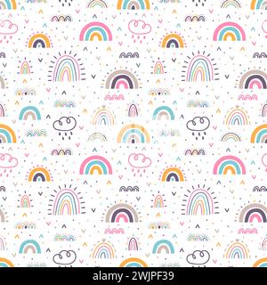 Cute seamless pattern with rainbows. Hand drawn nursery design. Trendy baby texture for fabric, cloth, textile, wrapping paper. Vector illustration Stock Vector