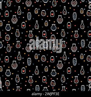 Hand drawn seamless pattern with vases and hearts. Scandinavian design. Bottles, pots. Sketch style. Vector illustration Stock Vector