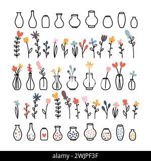Set of hand drawn vases, floral bouquets with pots and flowers. Interior design. Botanical art. Decorative floral elements. Vector illustration Stock Vector