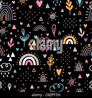 Hand drawn seamless pattern. Childish background with rainbows. Nursery design for kids. Trendy texture for fabric, wrapping paper, textile, cloth. Ve Stock Vector